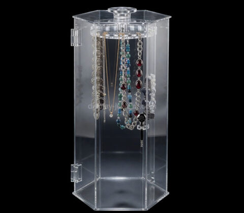 Custom hexagon acrylic lockable rotating necklace display case